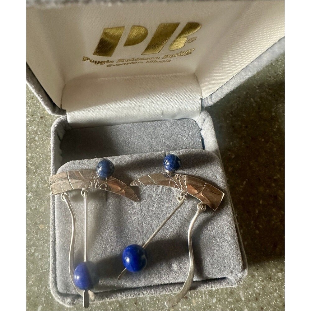 Stamped Peggy Robinson VTG Sterling 925 Lapis Dangle Earrings Detach Posts - Picture 6 of 8